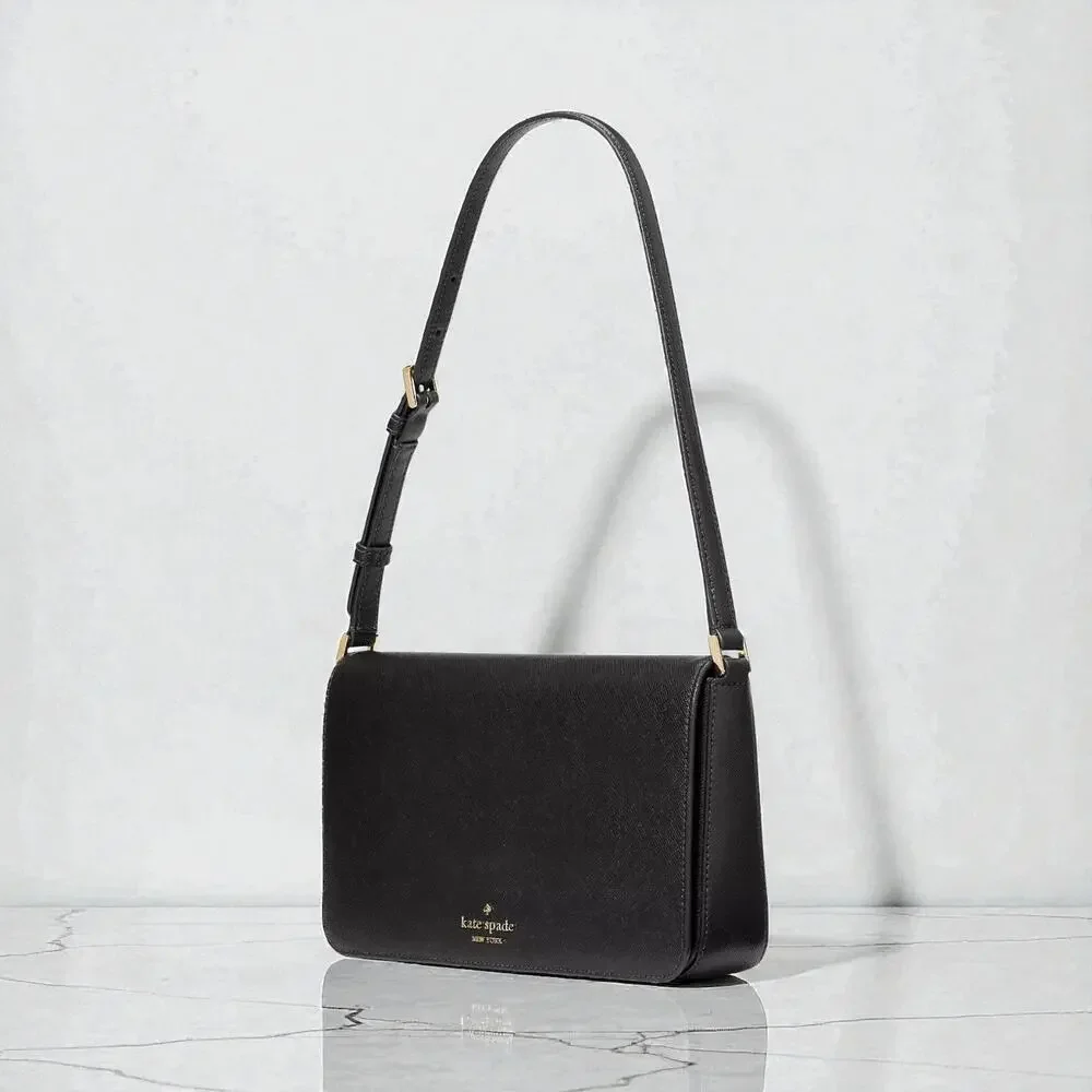 Kate Spade Staci Flap Shoulder Bag Purse in Black Leather KF371